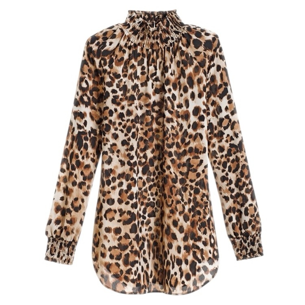 Chico’s Animal‎ Print Cheetah Mock Neck Tunic Smocked Neck Cuffs Elegant Modest - Picture 5 of 15